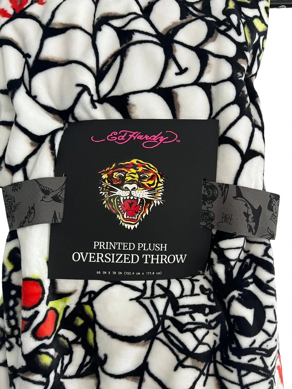 Ed Hardy Oversized Plush Throw Blanket Spiderweb Skull Tattoo Print